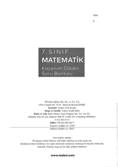 MATEMATİK KAZANIM ODAKLI SORU BANKASI