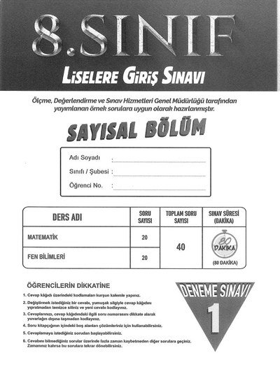 LİSELERE GİRİŞ SINAVI SAYISAL BÖLÜM DENEME SINAVI Panda Fotokopi & Baskı Merkezi