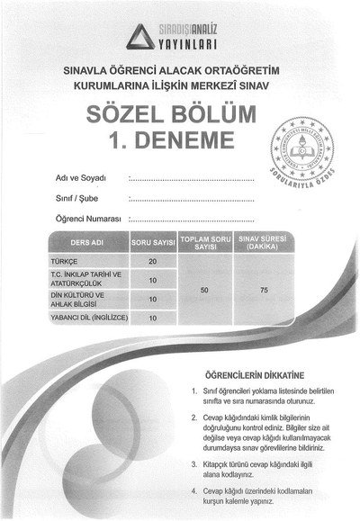 SÖZEL BÖLÜM 1. DENEME MERKEZİ SINAV Panda Fotokopi & Baskı Merkezi
