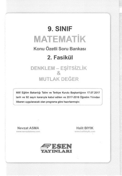 MATEMATİK KONU ÖZETLİ SORU BANKASI 2.FASİKÜL DENKLEM EŞİTSİZLİK & MUTLAK DEĞER Panda Fotokopi & Baskı Merkezi