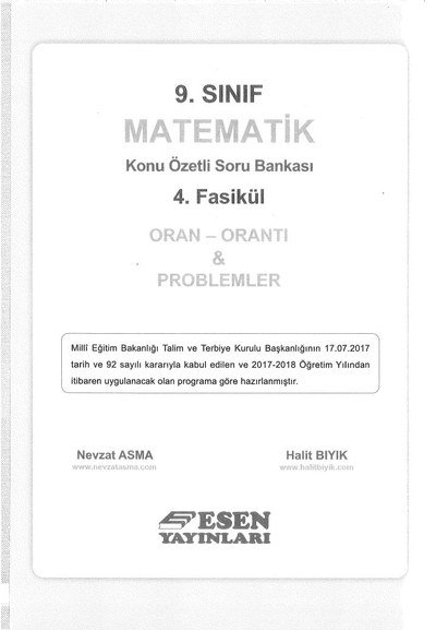 MATEMATİK KONU ÖZETLİ SORU BANKASI 4. FASİKÜL ORAN ORANTI & PROBLEMLER Panda Fotokopi & Baskı Merkezi