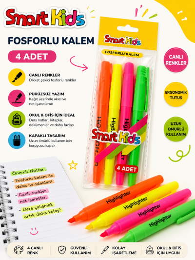 Smart Kids 4 Adet Fosforlu Kalem Panda Fotokopi & Baskı Merkezi