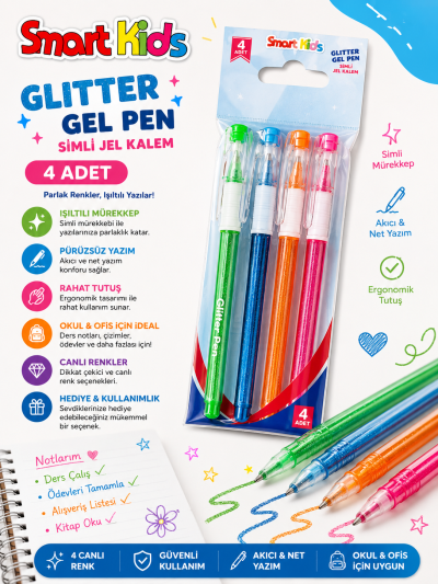 Smart Kids Glitter Simli Jel Kalem 4'lü Panda Fotokopi & Baskı Merkezi