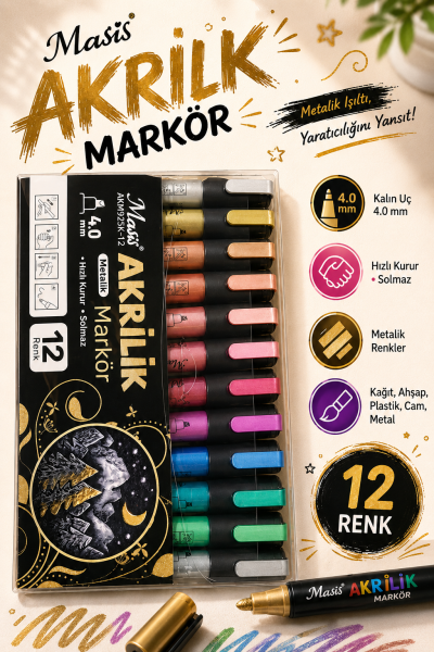 Masis AKRİLİK METALİK MARKÖRÜ 12 Lİ AKM925K-12 Panda Fotokopi & Baskı Merkezi