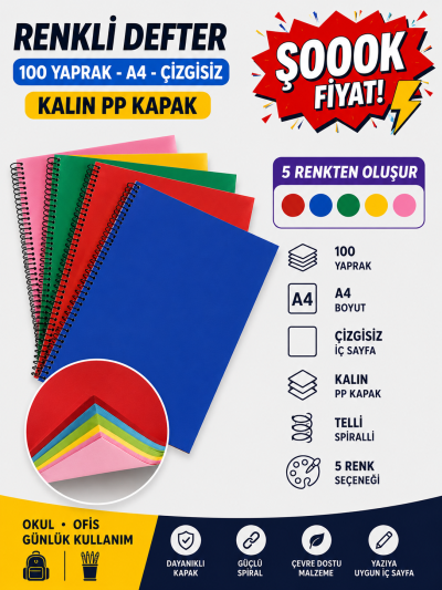 Renkli A4 100 Yaprak Çizgisiz Telli Defter Panda Fotokopi & Baskı Merkezi