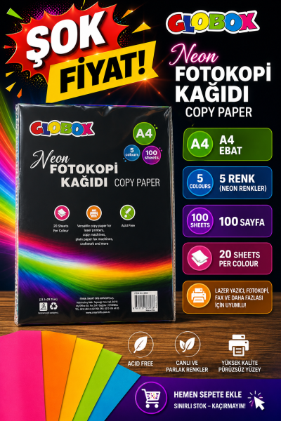 5 Renk 100 Sayfa Renkli Fotokopi Kağıdı Neon Globox Panda Fotokopi & Baskı Merkezi