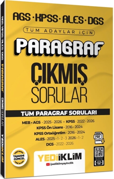 MEB AGS KPSS ALES DGS Tüm Adaylar İçin Paragraf Tamamı PDF Çözümlü Çıkmış Sorular Yediiklim Yayınları Panda Fotokopi & Baskı Merkezi