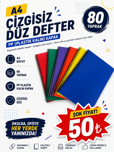 A4 80 Yaprak Çizgisiz PP (Kalın Plastik) KAPAK DEFTER Panda Fotokopi & Baskı Merkezi