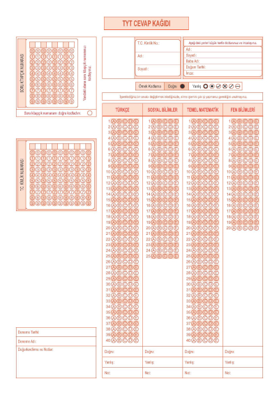 50'Lİ OPTİK FORM RENKLİ A4 ŞEKLİNDE Panda Fotokopi & Baskı Merkezi