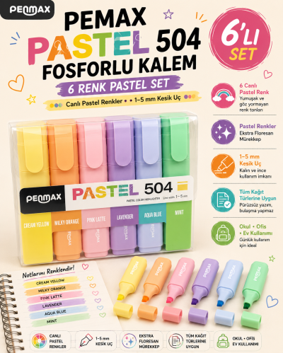 Penmax Fosforlu Işaretleme Kalemi Pastel Renkler 6'lı Set Panda Fotokopi & Baskı Merkezi