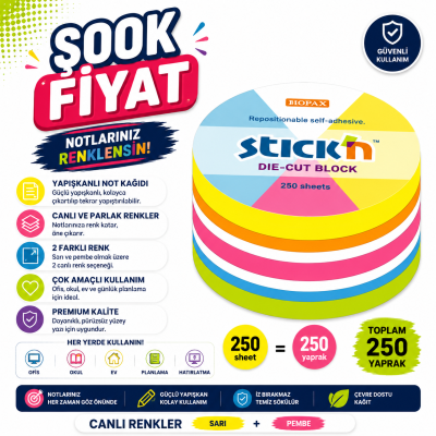 Hopax Stıck'n 21830 Yapışkanlı Yuvarlak Blok Neon 250 Yaprak Panda Fotokopi & Baskı Merkezi