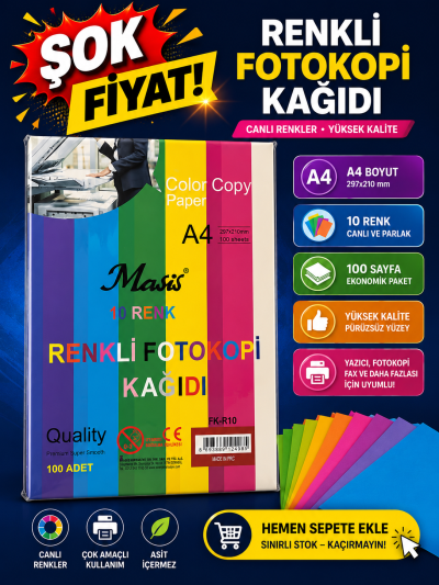 10 Renk 100 Sayfa Renkli Fotokopi Kağıdı Panda Fotokopi & Baskı Merkezi