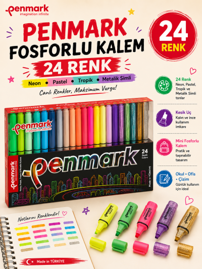 Penmark Fosforlu Kalem 24 Lü Süper Kutu 6 Neon+6 Pastel+6 Tropik+6 Simli Panda Fotokopi & Baskı Merkezi