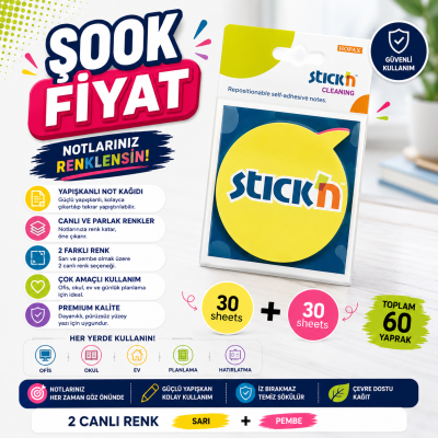 2 Neon Renk Yuvarlak Konuşma Balonu 60 Yaprak 76x76 Yapışkanlı Not Kağıdı Panda Fotokopi & Baskı Merkezi