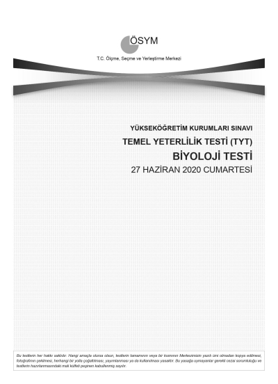 BİYOLOJİ SON 11 YIL ÇIKMIŞ SORULAR (TYT) (2020 DAHİL) Panda Fotokopi & Baskı Merkezi