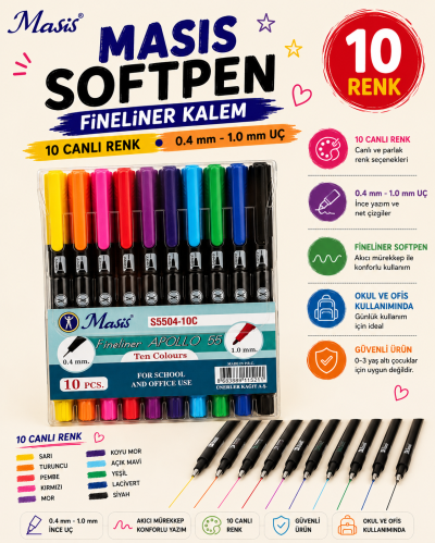 Masis Fineliner Apollo 55 İki Uçlu Kalem 10Lu Panda Fotokopi & Baskı Merkezi