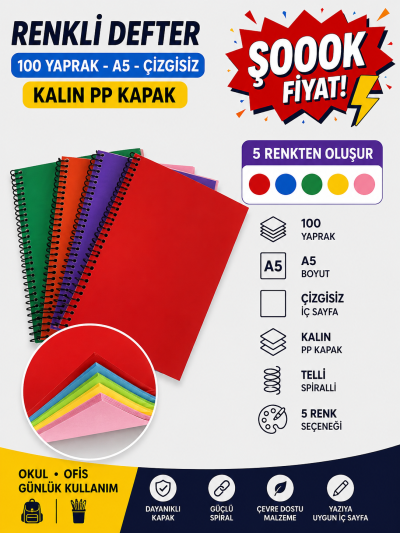 Renkli A5 100 Yaprak Çizgisiz Telli Defter Panda Fotokopi & Baskı Merkezi