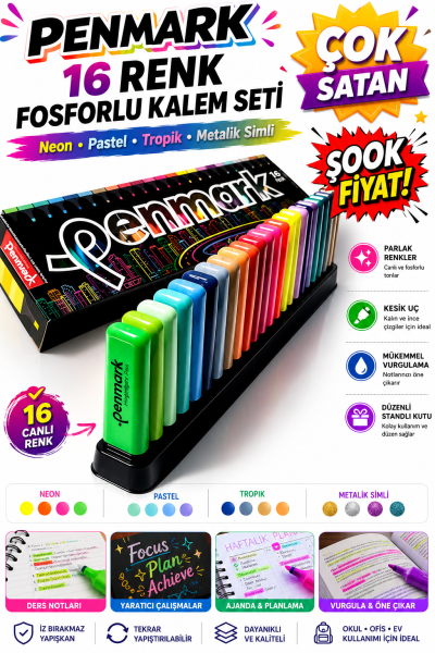 Penmark Fosforlu Kalem 16 Renk Set Süper Kutu