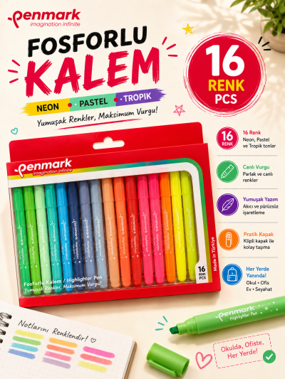 Penmark Kalem Tipi Fosforlu Kalem 18 Li Bristol Neon+Pastel+Tropik Panda Fotokopi & Baskı Merkezi