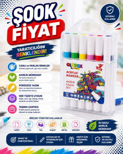 Globox Akrilik Marker Kalem Seti 12 Renk Panda Fotokopi & Baskı Merkezi
