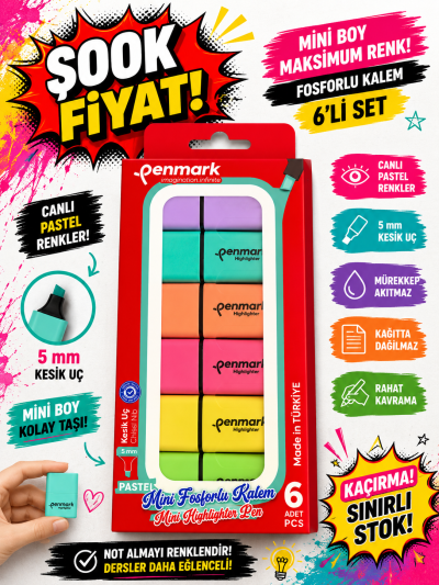 MİNİ FOSFORLU KALEM 6 LI PASTEL PENMARK Panda Fotokopi & Baskı Merkezi